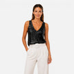 Women's sequin V-neck top by FJØRNA, perfect for party and evening wear, featuring shimmering sequins and a stylish fit.