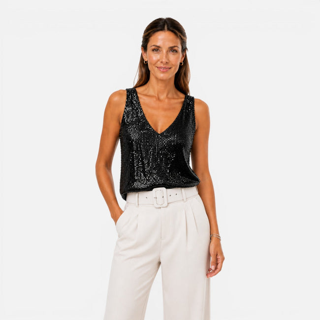 Women's sequin V-neck top by FJØRNA, perfect for party and evening wear, featuring shimmering sequins and a stylish fit.