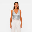 Women's sequin V-neck top by FJØRNA, stylish evening wear shirt with shimmering sequins and a flattering V-neck design.