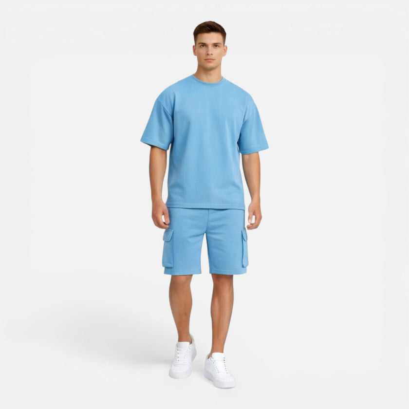 Men's casual summer matching T-shirt and cargo shorts set by FJØRNA, featuring a lightweight T-shirt and comfortable cargo shorts.
