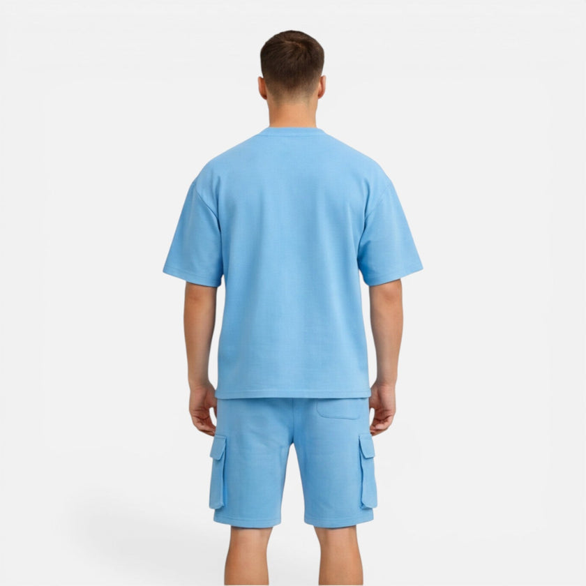 Men's casual summer matching T-shirt and cargo shorts set by FJØRNA, featuring a relaxed fit and comfortable fabric.