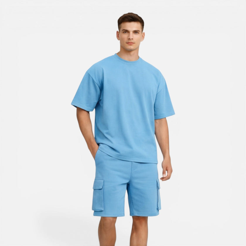 Men's casual summer matching T-shirt and cargo shorts set by FJØRNA, featuring comfortable fabric and modern style.