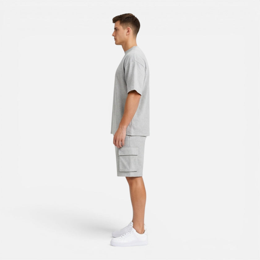 Men's FJØRNA casual summer matching T-shirt and cargo shorts set, featuring lightweight fabric and comfortable fit.