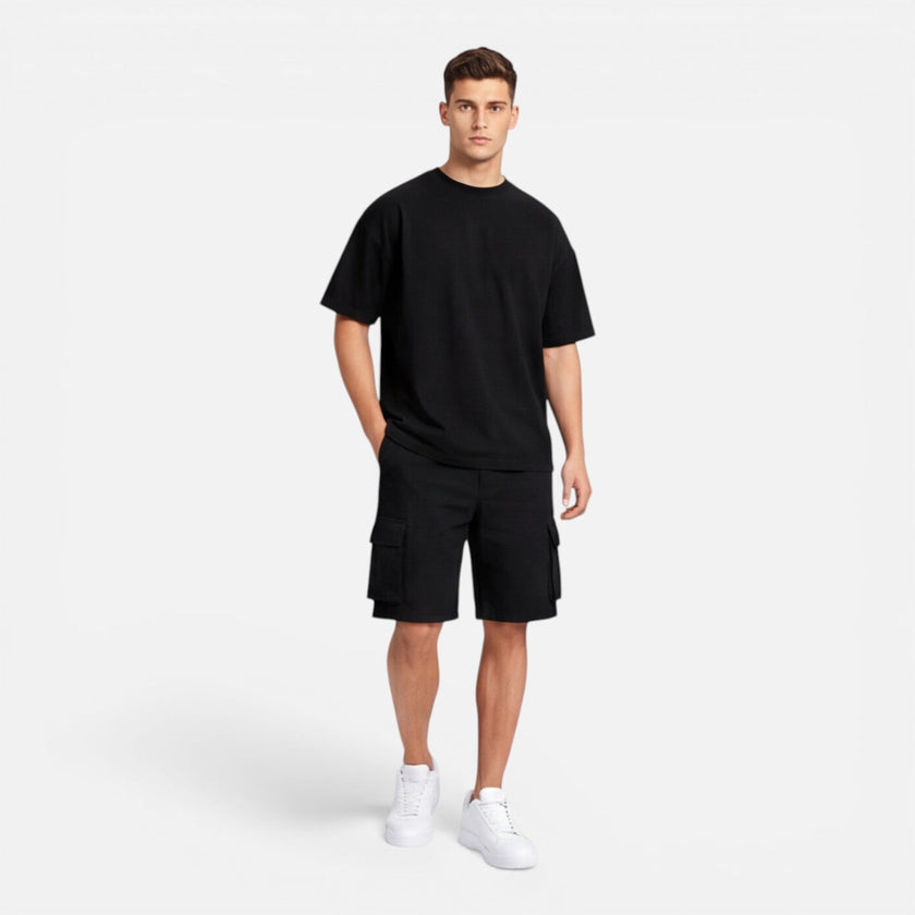 Men's casual summer matching T-shirt and cargo shorts set by FJØRNA, featuring a relaxed fit and comfortable fabric.