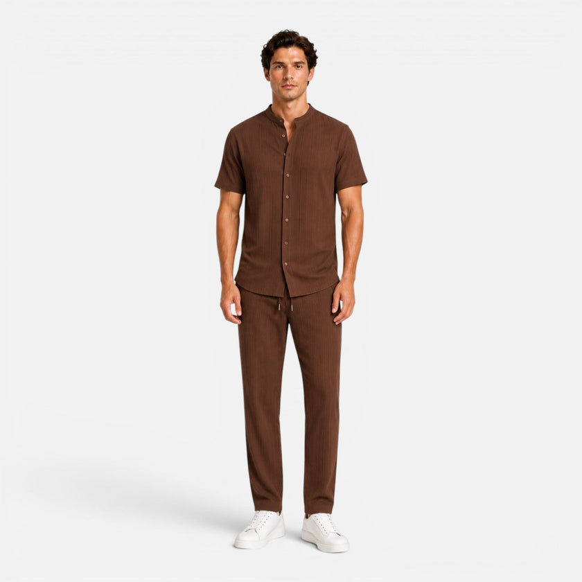 Men's summer matching set by FJØRNA featuring a lightweight shirt and trousers, perfect for warm-weather casual wear.