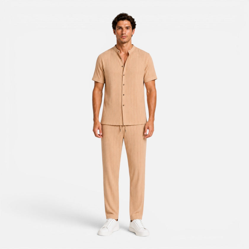 Men's summer matching set with lightweight shirt and trousers by FJØRNA, stylish and comfortable men's set for warm weather.