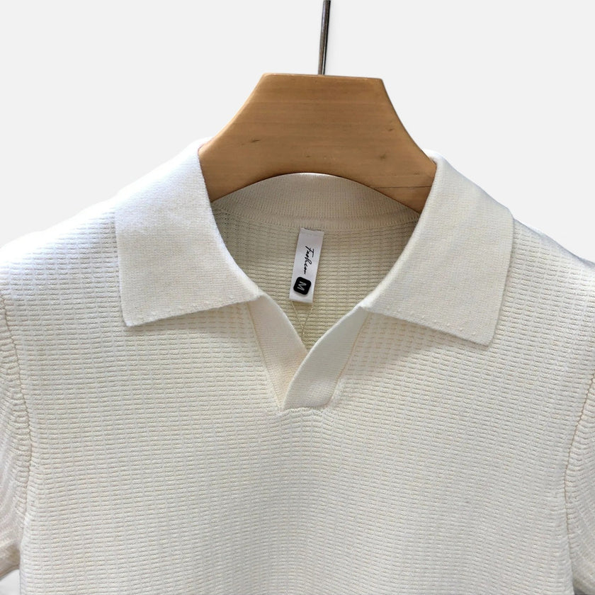 Men's textured knit polo shirt by FJØRNA, lightweight summer men's shirt with a comfortable fit and stylish knit fabric.