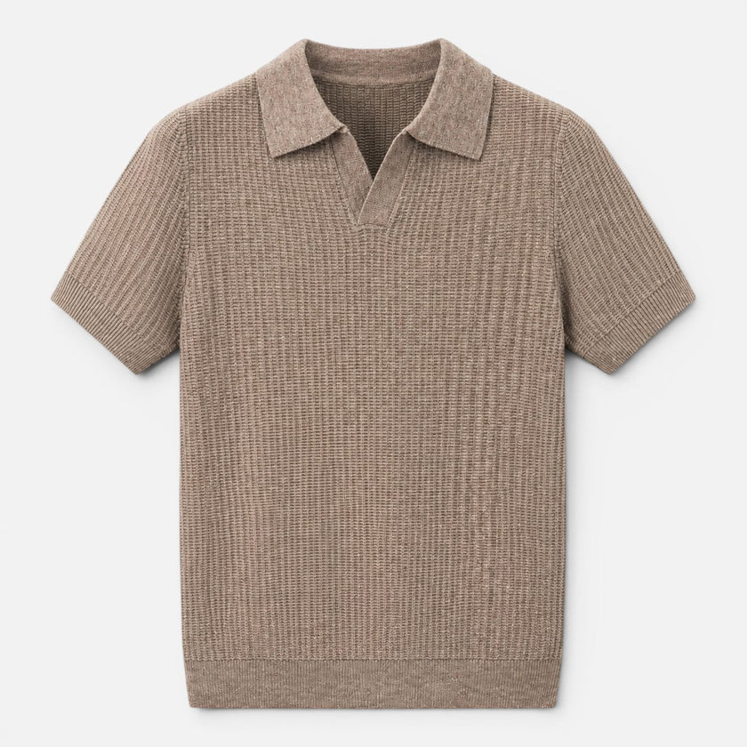 Men's textured knit polo shirt by FJØRNA, lightweight summer shirt with a subtle knit pattern, shown in a casual fit.