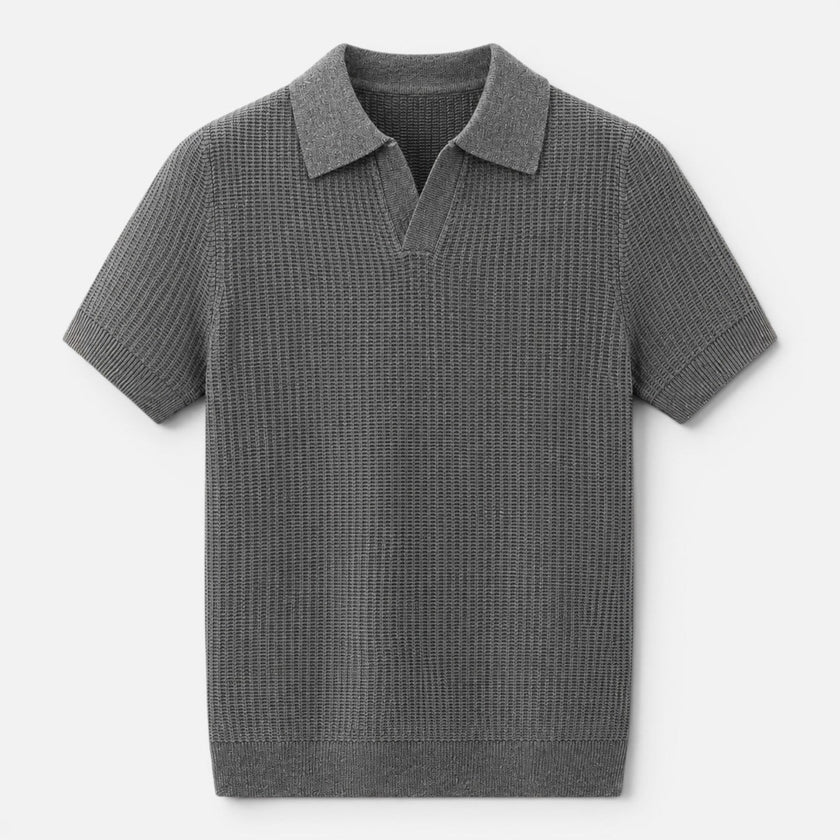 Men's textured knit polo shirt by FJØRNA, lightweight summer shirt with a breathable knit fabric, shown in a close-up view.
