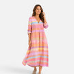 FJØRNA women's striped maxi dress with vertical black and white stripes, flowing fabric, and sleeveless design.