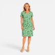 Women's casual printed midi dress by FJØRNA featuring a V-neck and short sleeves, perfect for summer wear.