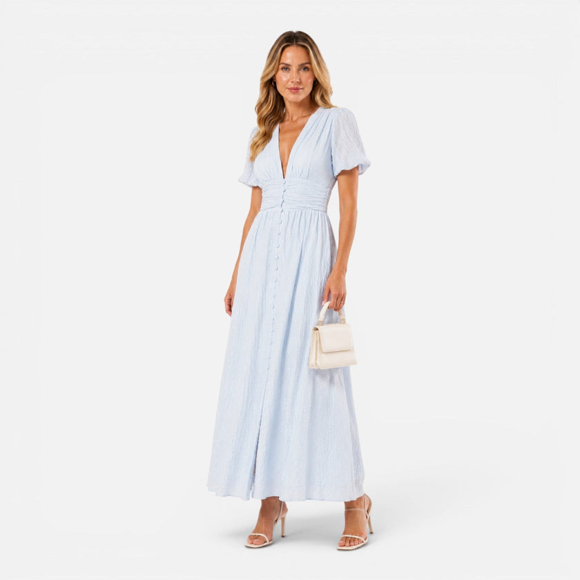 Women's maxi dress by FJØRNA featuring a deep V-neck, puff sleeves, elegant formal style, perfect for special occasions.