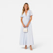 FJØRNA women's elegant maxi dress with deep V-neck and puff sleeves, perfect for formal occasions, shown in a full-length view.