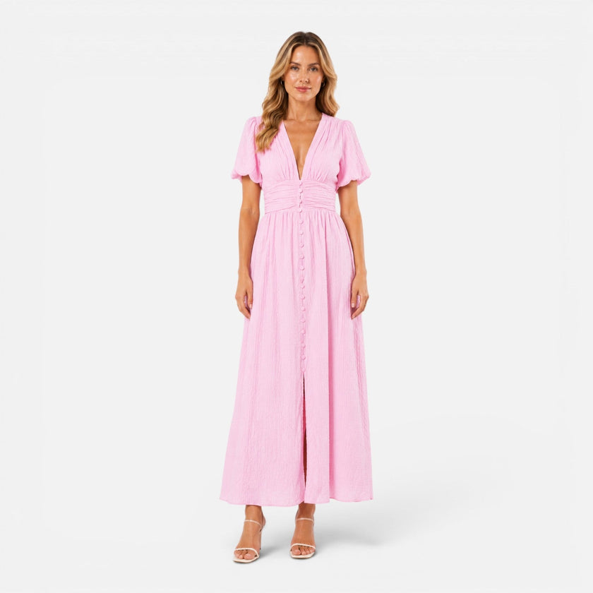 Elegant women's maxi dress by FJØRNA featuring a deep V-neck, puff sleeves, perfect for formal occasions.