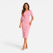 Elegant women's midi sheath dress by FJØRNA featuring tailored fit and split sleeves with pearl accents.