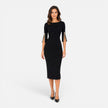 Women's elegant midi sheath dress with pearl split sleeves by FJØRNA, featuring a tailored slim fit and stylish design.