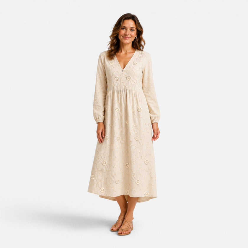 Women's floral midi dress by FJØRNA featuring a flowy design and vibrant flower pattern, perfect for spring and summer occasions.