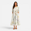 Women's floral midi dress by FJØRNA featuring a spring and summer design, with a flowy fabric and vibrant floral pattern.
