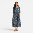 Women's floral midi dress by FJØRNA featuring a spring and summer floral pattern, flowing fabric, and sleeveless design.