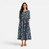 Women's floral midi dress by FJØRNA featuring a spring and summer floral pattern, flowing fabric, and sleeveless design.