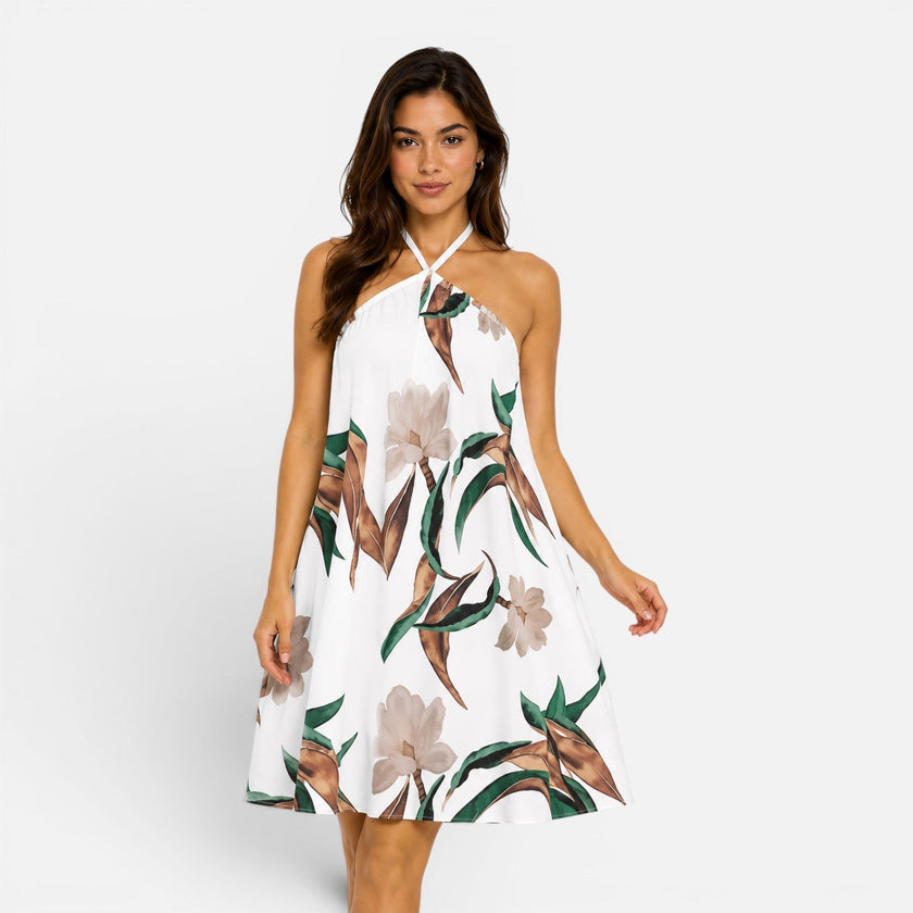 Women's FJØRNA halter mini dress with a flowy summer fit, featuring lightweight fabric and stylish design for warm weather.
