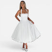 FJØRNA women's halter neck corset midi dress with backless, fit and flare design, perfect for party occasions.