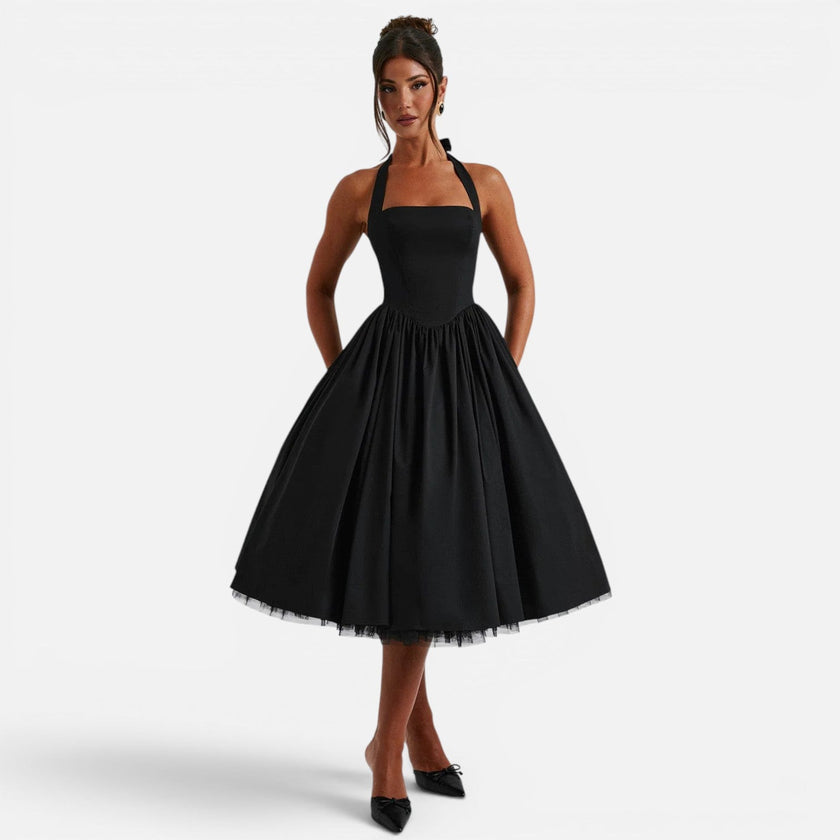 Women's FJØRNA halter neck corset midi dress with backless fit and flare design, perfect for party occasions.