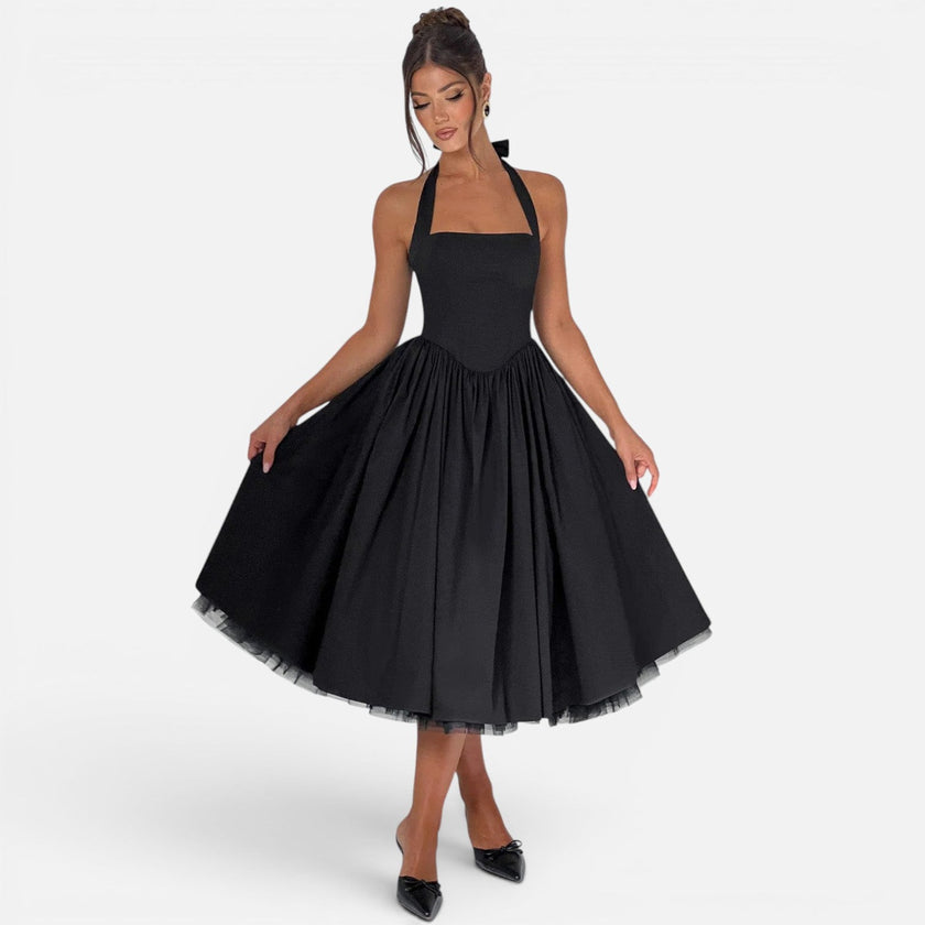 Women's halter neck corset midi dress by FJØRNA, backless fit and flare party dress with a stylish silhouette.