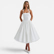 FJØRNA women's halter neck corset midi dress with backless, fit and flare design, perfect for parties and special occasions.