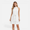 Women's lightweight halter neck summer mini dress by FJØRNA, elegant and stylish for warm weather.