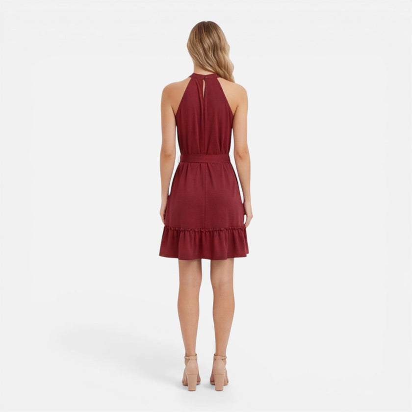 Women's lightweight, elegant halter neck summer mini dress by FJØRNA, featuring a stylish and comfortable design.