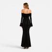 Women's off-shoulder lace maxi dress with flare sleeves by FJØRNA, featuring intricate lace details and flowing silhouette.