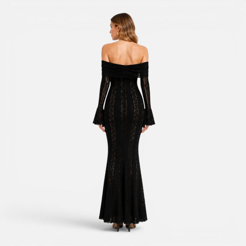 Women's off-shoulder lace maxi dress with flare sleeves by FJØRNA, featuring intricate lace details and flowing silhouette.
