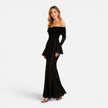 Women's off-shoulder lace maxi dress with flare sleeves by FJØRNA, flowing elegant design perfect for special occasions.