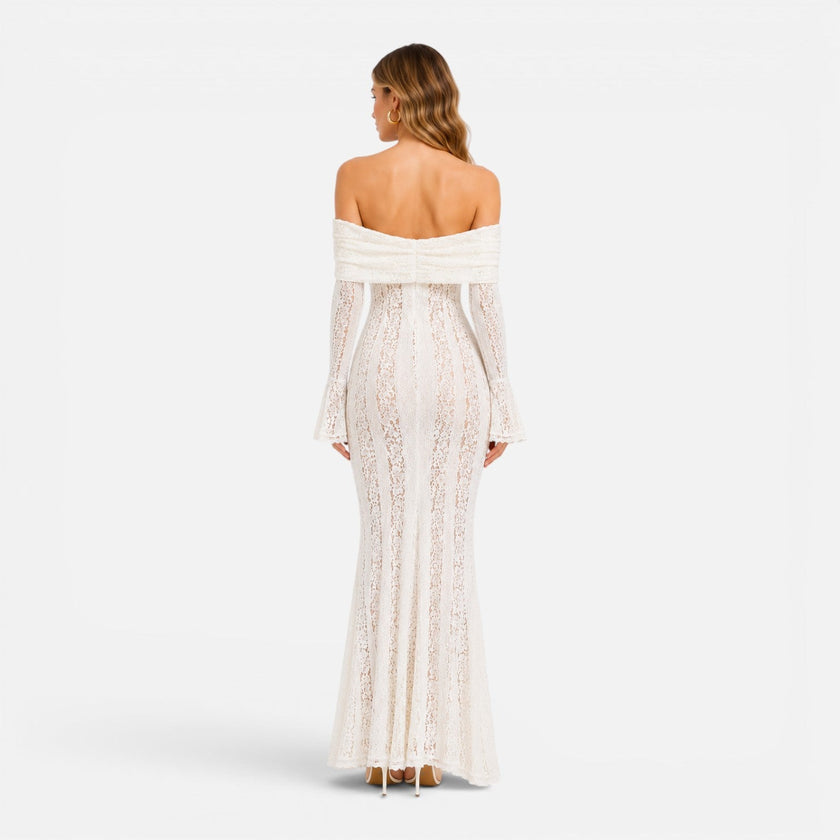 Women's off-shoulder lace maxi dress with flare sleeves by FJØRNA, featuring intricate lace details and flowing silhouette.