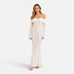 Women's off-shoulder lace maxi dress with flare sleeves by FJØRNA, featuring elegant lace details and flowing silhouette.