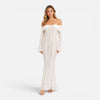 Women's off-shoulder lace maxi dress with flare sleeves by FJØRNA, featuring elegant lace details and flowing silhouette.