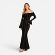 Women's off-shoulder lace maxi dress with flare sleeves by FJØRNA, featuring intricate lace details and flowing silhouette.