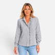 Women's striped long sleeve blouse with ruffle collar and button-up front by FJØRNA, displayed on a mannequin.