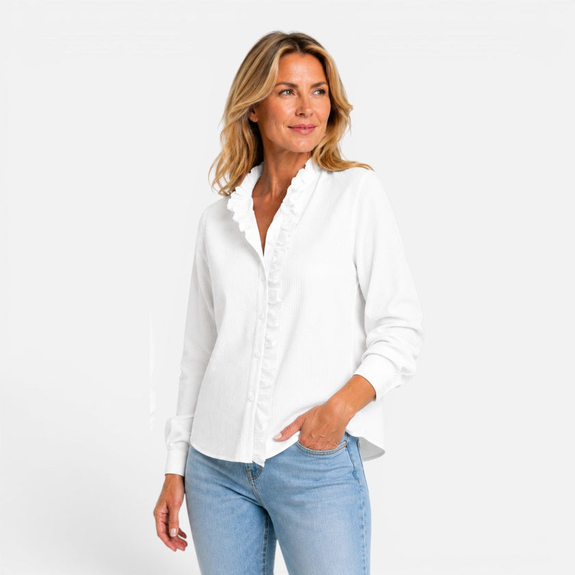 Women's FJØRNA long sleeve striped blouse with ruffle collar and button-up front, perfect for stylish casual or office wear.