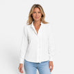 Women's FJØRNA striped long sleeve blouse with ruffle collar and button-up front, stylish and comfortable women's shirt.
