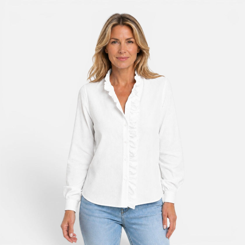 Women's FJØRNA striped long sleeve blouse with ruffle collar and button-up front, stylish and comfortable women's shirt.