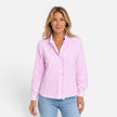 FJØRNA women's long sleeve striped blouse with ruffle collar and button-up front, stylish and lightweight shirt for women.