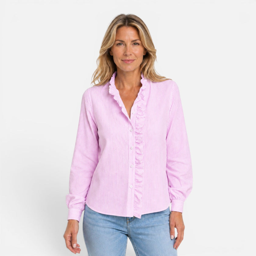 FJØRNA women's long sleeve striped blouse with ruffle collar and button-up front, stylish and lightweight shirt for women.