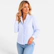 Women's FJØRNA long sleeve striped blouse with ruffle collar and button-up front, stylish women's shirt for casual and office wear.