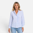 Women's FJØRNA long sleeve striped blouse with ruffle collar and button-up front, stylish and feminine shirt for casual or work wear.