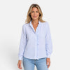 Women's FJØRNA long sleeve striped blouse with ruffle collar and button-up front, stylish and feminine shirt for casual or work wear.