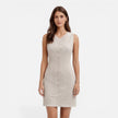 Women's sleeveless striped dress by FJØRNA with button front and slim fit, featuring a stylish and modern design.
