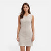 Women's sleeveless striped dress by FJØRNA with button front and slim fit, featuring a stylish and modern design.