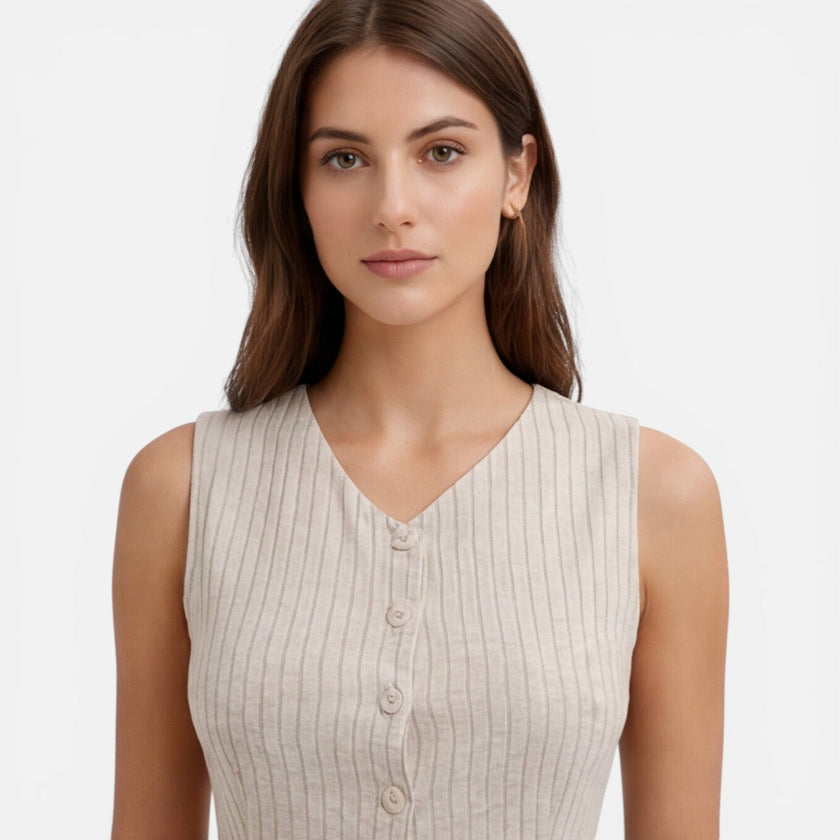 Women's sleeveless striped dress by FJØRNA with button front and slim fit, shown on a model.